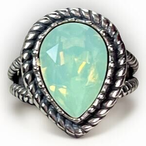 Sterling Silver Pear Shaped Green Chalcedony Ring Rope Bezel Size 7